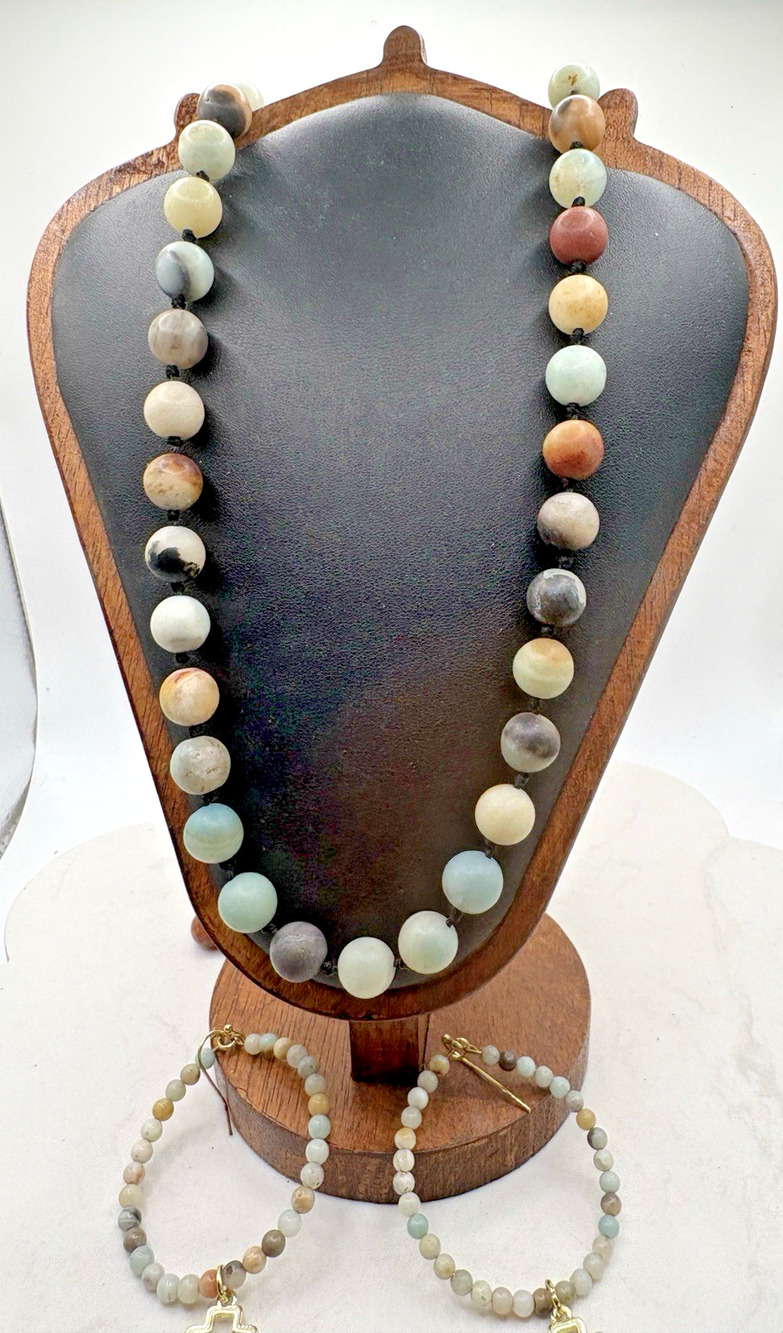 Multi-color Amazonite Round 11mm Gemstone Beads Necklace 36" Hoop Earrings Hook